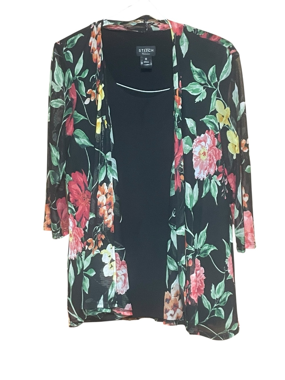 Stitch Floral Open-Front Black Floral Cardigan